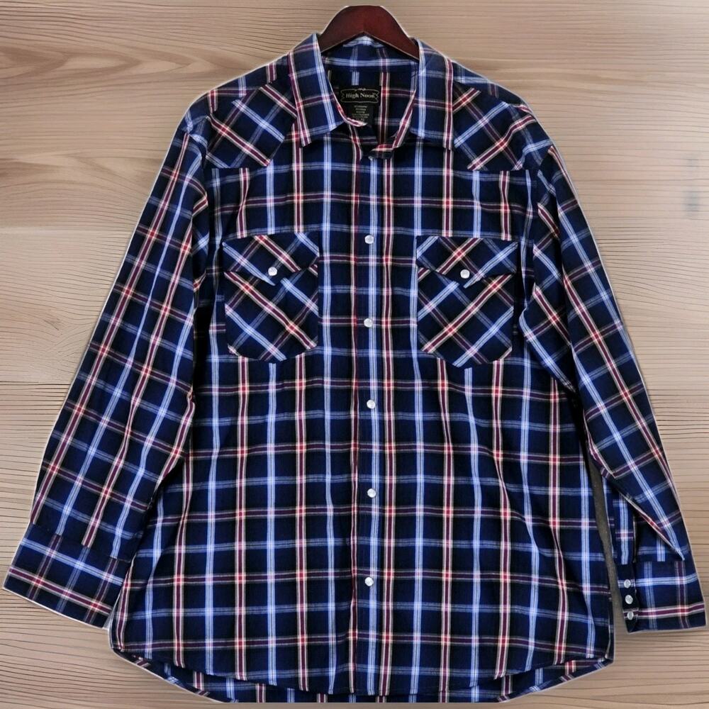 High Noon Western Pearl Snap Men's XL Blue Red Plaid Check Long Sleeve Cowboy